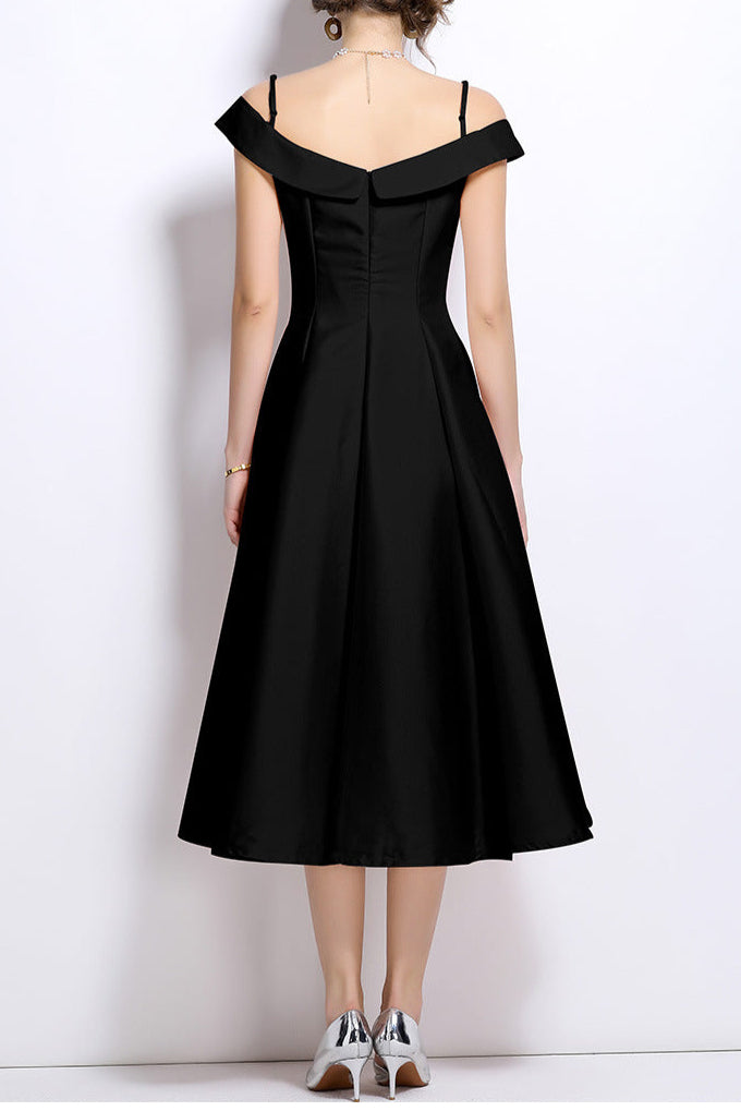 Meroy Off-Shoulder Satin Pleated Midi Dress in Black Avalabel