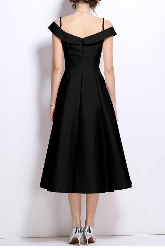 Meroy Off-Shoulder Satin Pleated Midi Dress in Black