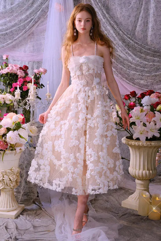 Leah White/Beige Sleeveless  Flower Dress Avalabel