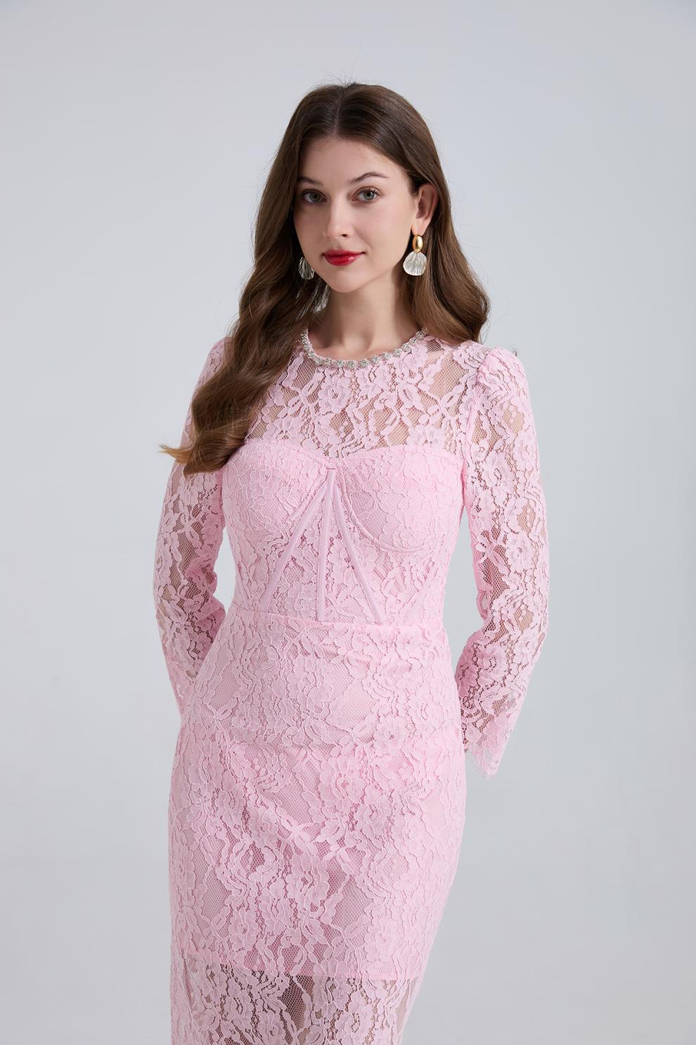 Bernice Rhinestone Fishbone Lace Midi Dress in Pink Avalabel