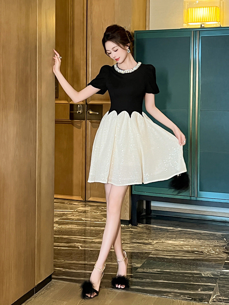 Leona Black-White Two-Tone Rhinestone Neck Sequin Mini Dress