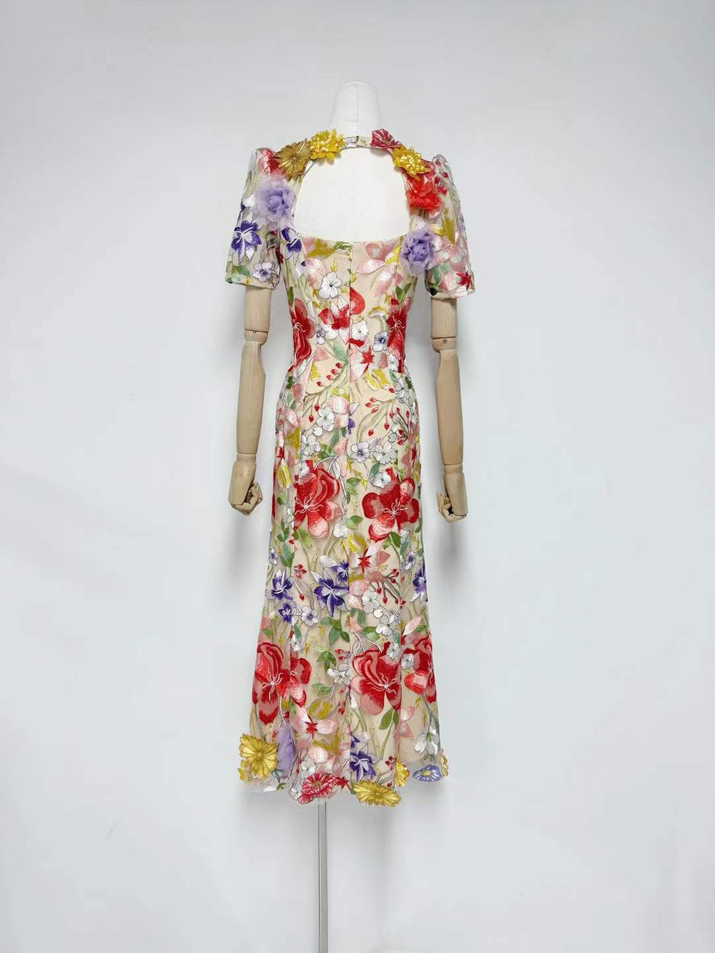 trista multicolor Square Neck backless Mesh Embroidered Fishtail maxi Dress Avalabel