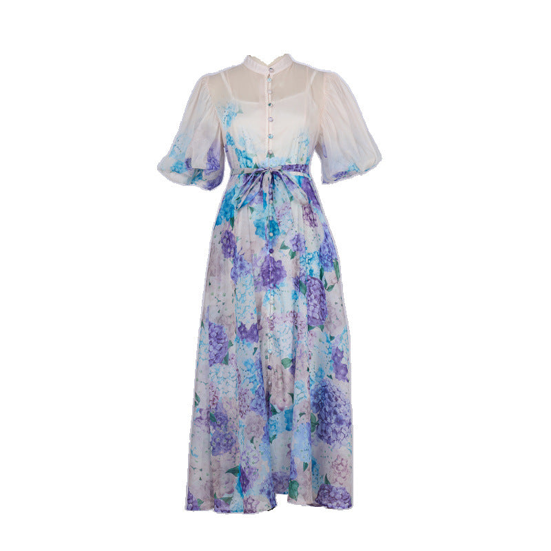 Pink Floral Print Mandarin Collar Chiffon Maxi Dress Avalabel