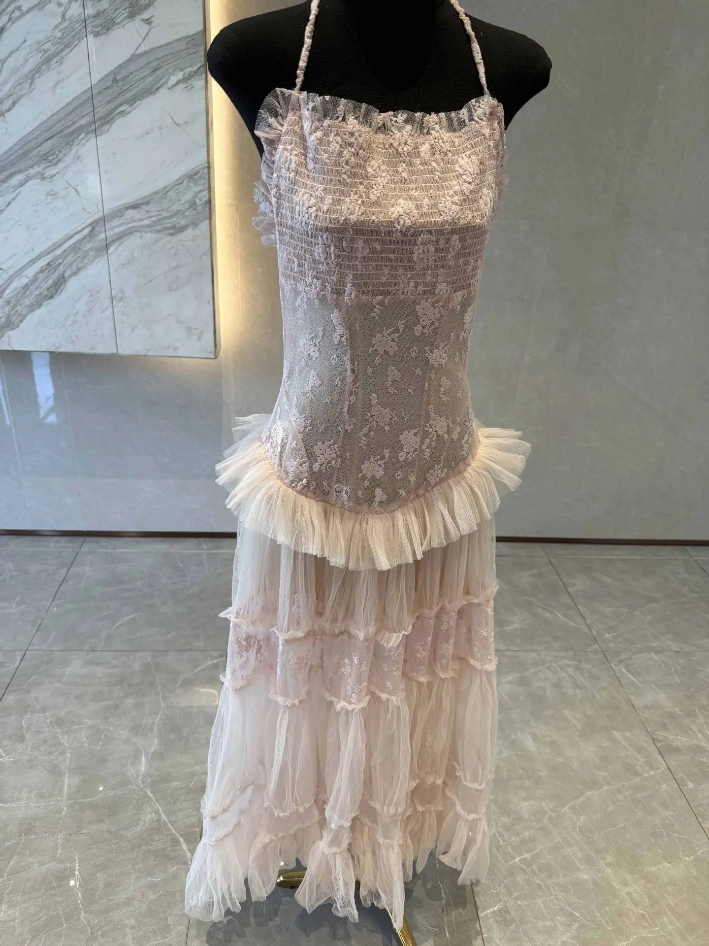 Hermosa Lace Splicing Layer Maxi Dress in Pink Avalabel