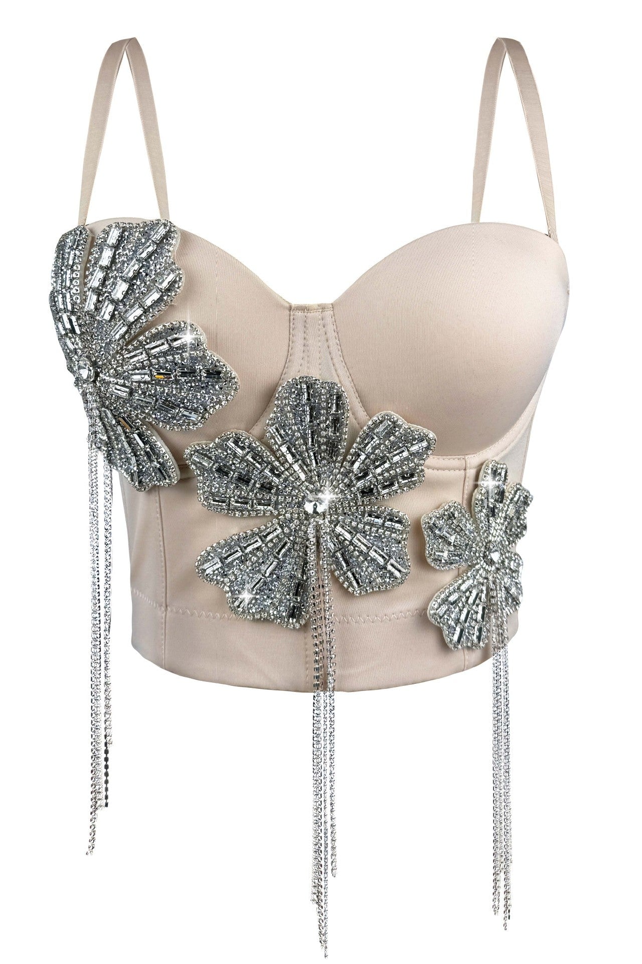 Spaghetti Strap 3D Rhinestone Flower Tassel Fringe Corset Bustier Top sis label