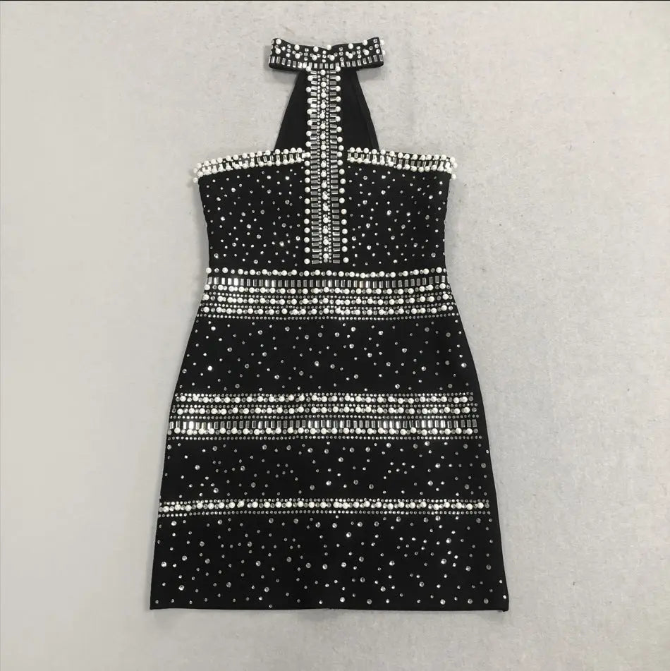 nelly pearl rhinestone halter mini dress in black Avalabel