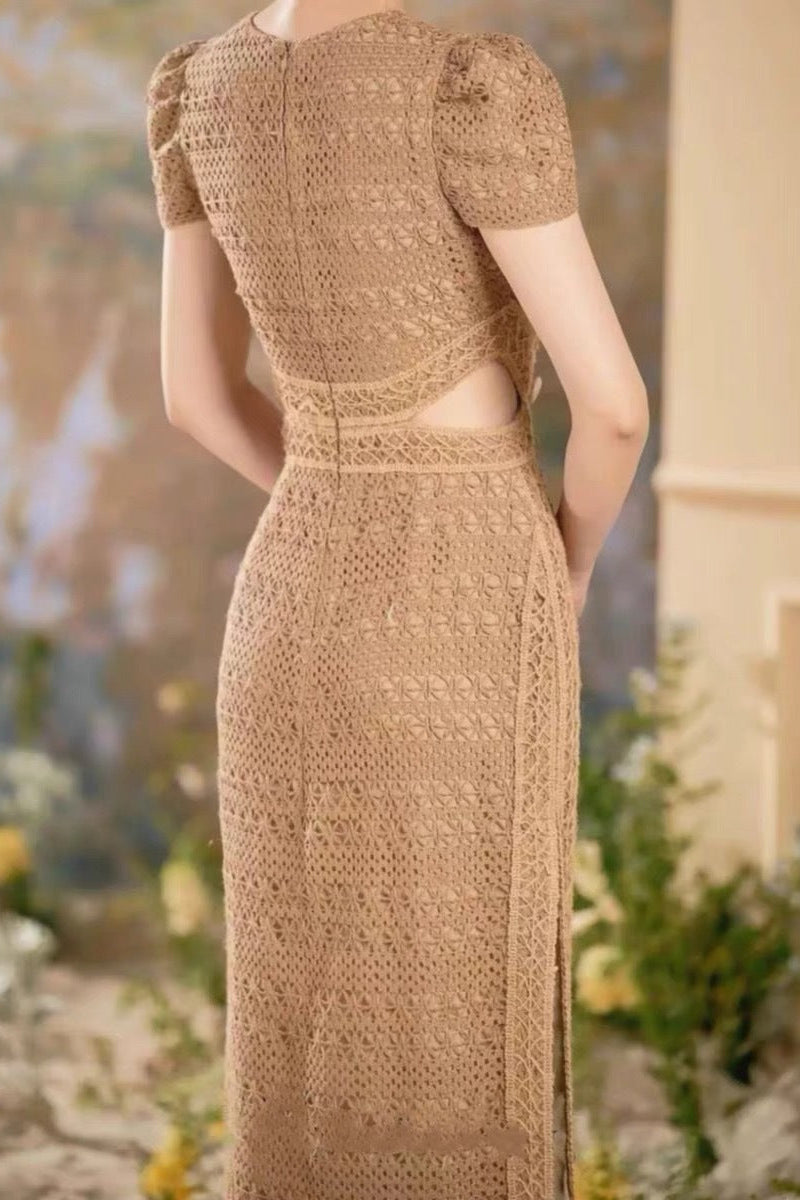 Sharon Appliqué Hollow Maxi Dress in Brown Avalabel
