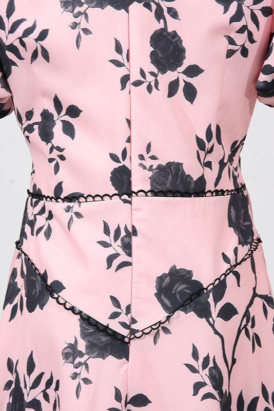 V-Neck Satin Floral Midi Dress in Pink Avalabel