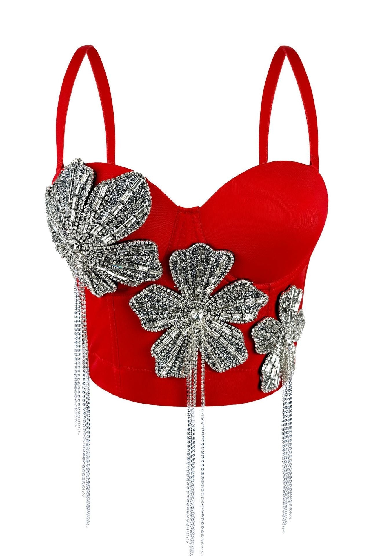 Spaghetti Strap 3D Rhinestone Flower Tassel Fringe Corset Bustier Top sis label