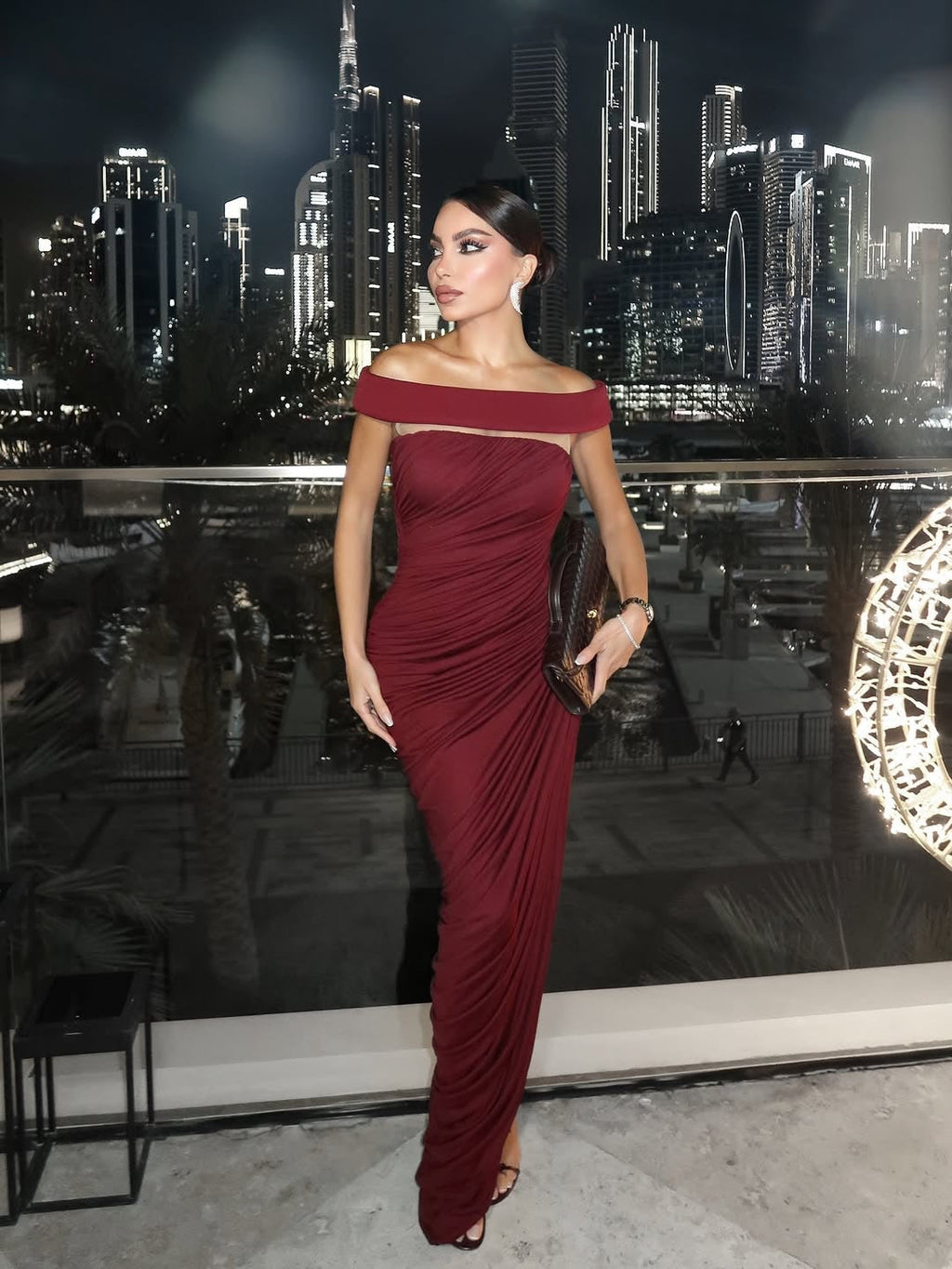 Lola Burgundy Off-Shoulder Asymmetrical-Draped High Slit Maxi Dress Avalabel