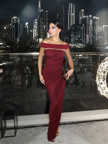 Lola Burgundy Off-Shoulder Asymmetrical-Draped High Slit Maxi Dress Avalabel