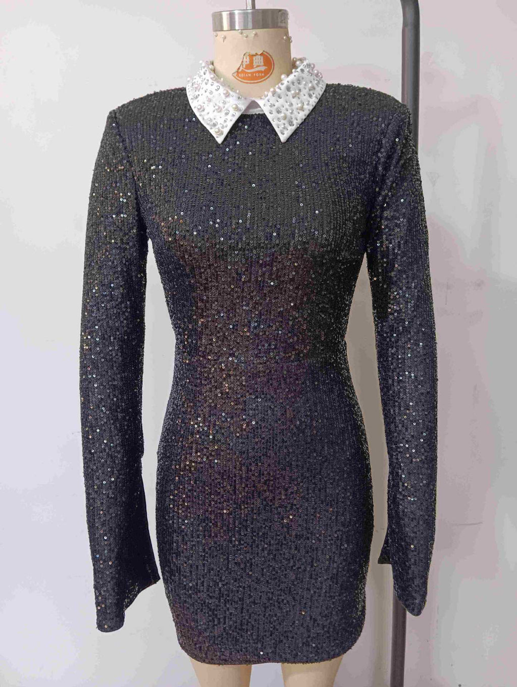 wanda long sleeve sequin backless mini dress in black Avalabel