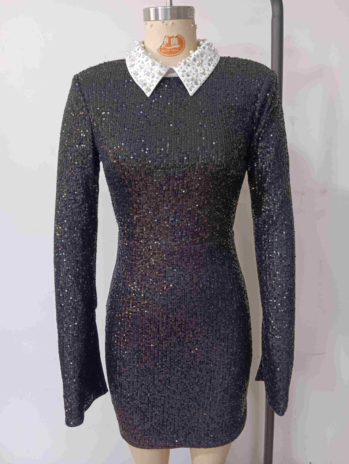 wanda long sleeve sequin backless mini dress in black Avalabel