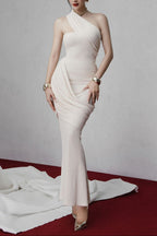 Janice Asymmetrical Off-Shoulder Ruffled Fishtail Maxi Dress - White Avalabel