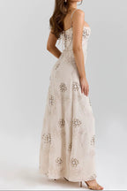 Beige Floral Beaded Spaghetti Strap Maxi Dress Avalabel