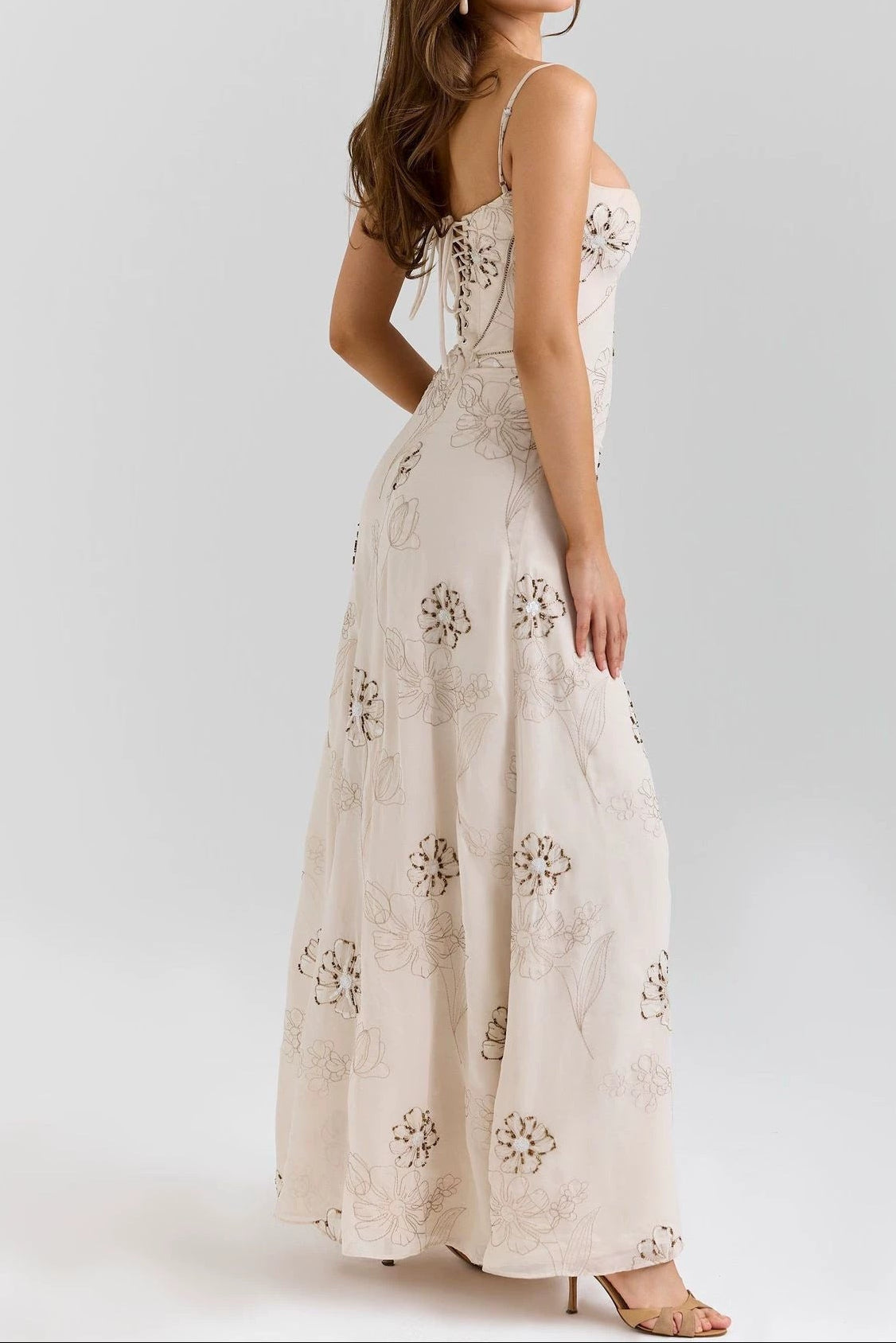 Beige Floral Beaded Spaghetti Strap Maxi Dress Avalabel