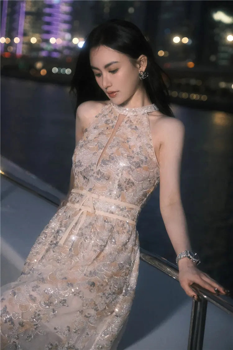 Gold Couture with Floral Embroidery Sequin Banquet Dress Avalabel