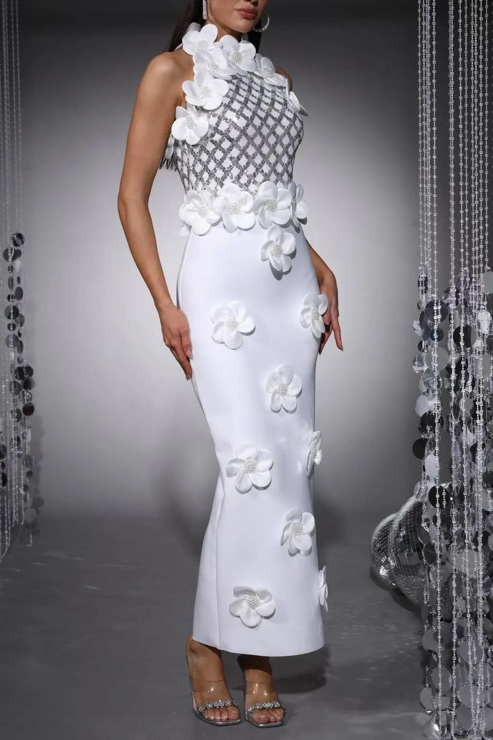 Phoenix 3D Flower Sequin Halter Bandage Maxi Dress in White Avalabel