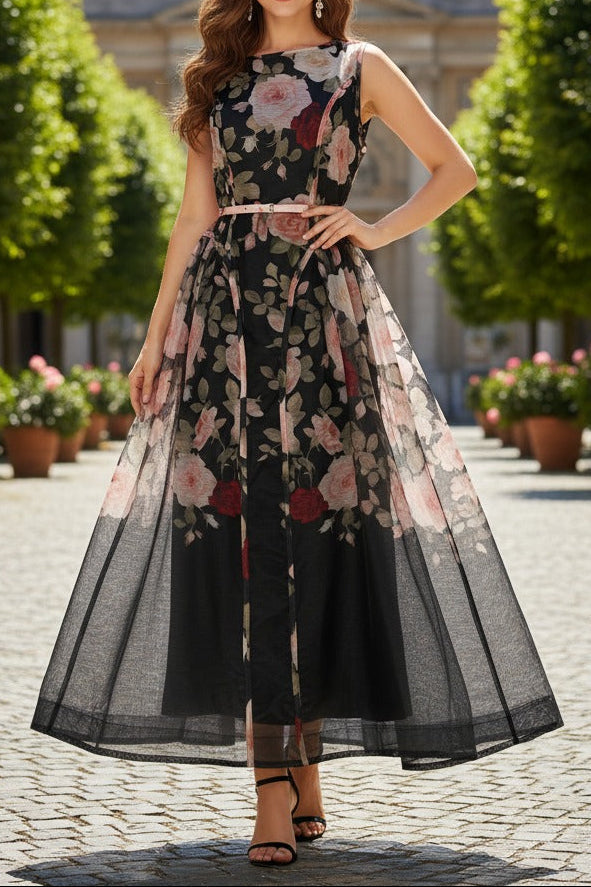 Sleeveless Rose Print Mesh Maxi Dress Avalabel