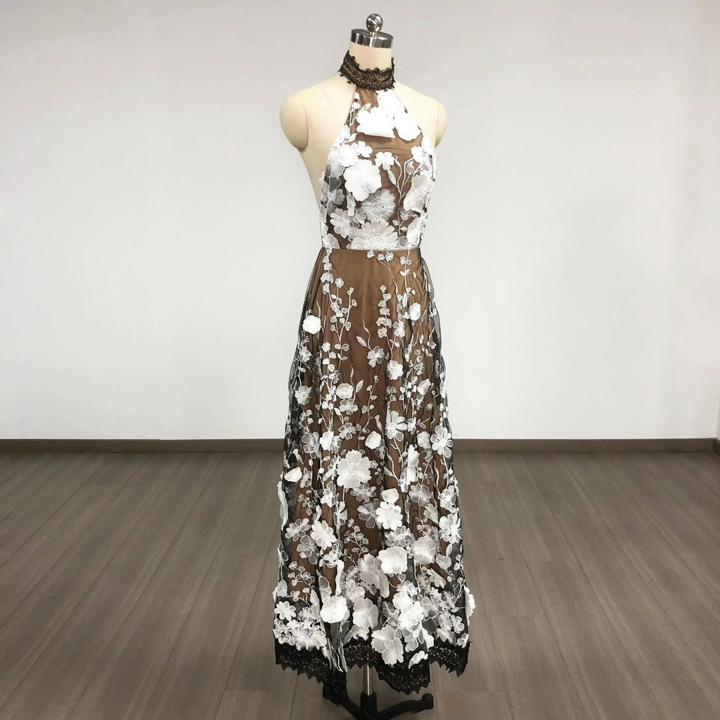 alyssa black Halter Floral Embroidered Midi Dress Avalabel