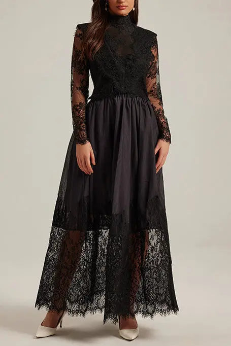 Lila Flowerr Lace Embroidery Maxi Dress Set in Black Avalabel