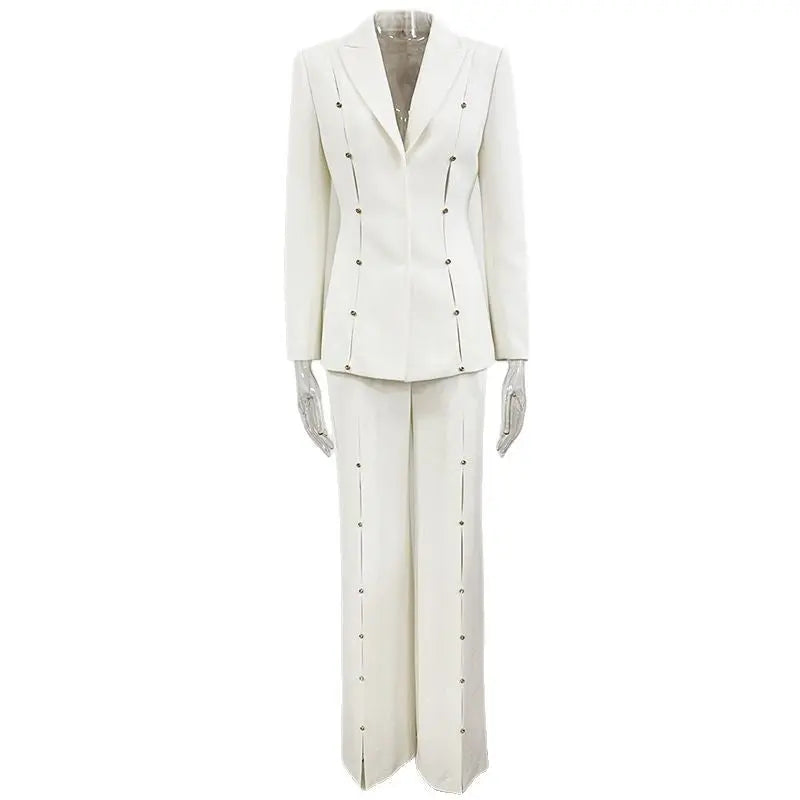 theresa diamond studded hollow out blazer set in white Avalabel