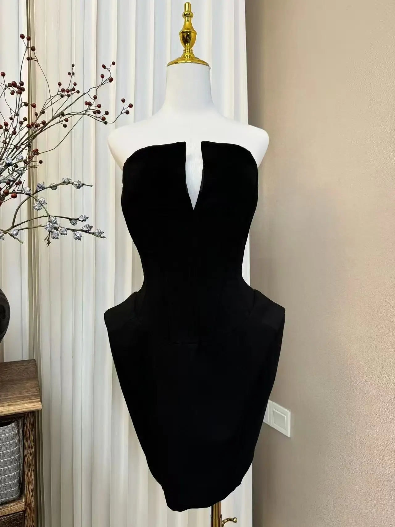 laura Folded Collar Corset Mini Dress in Black Avalabel
