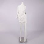 Off-Shoulder Single-Sleeve Pleated Bodycon Ribbon Mini Dress - White Avalabel
