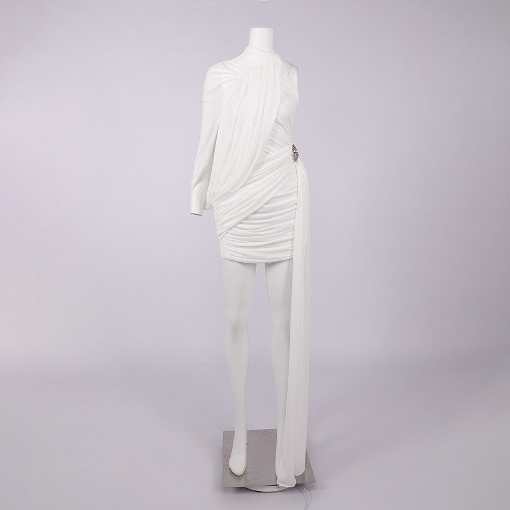 Off-Shoulder Single-Sleeve Pleated Bodycon Ribbon Mini Dress - White Avalabel