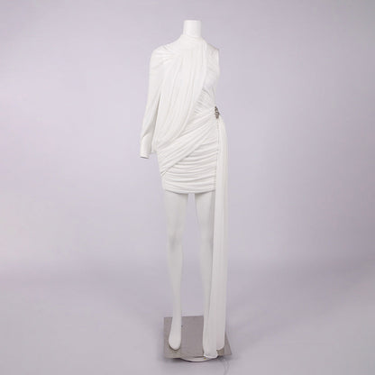 Off-Shoulder Single-Sleeve Pleated Bodycon Ribbon Mini Dress - White