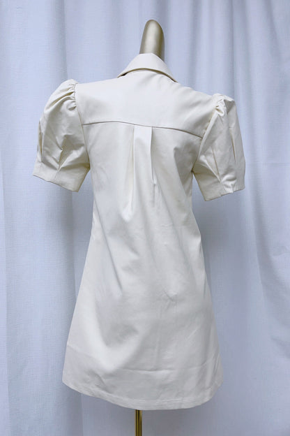 White Lapel Collar Leather Puff Sleeves Mini Dress