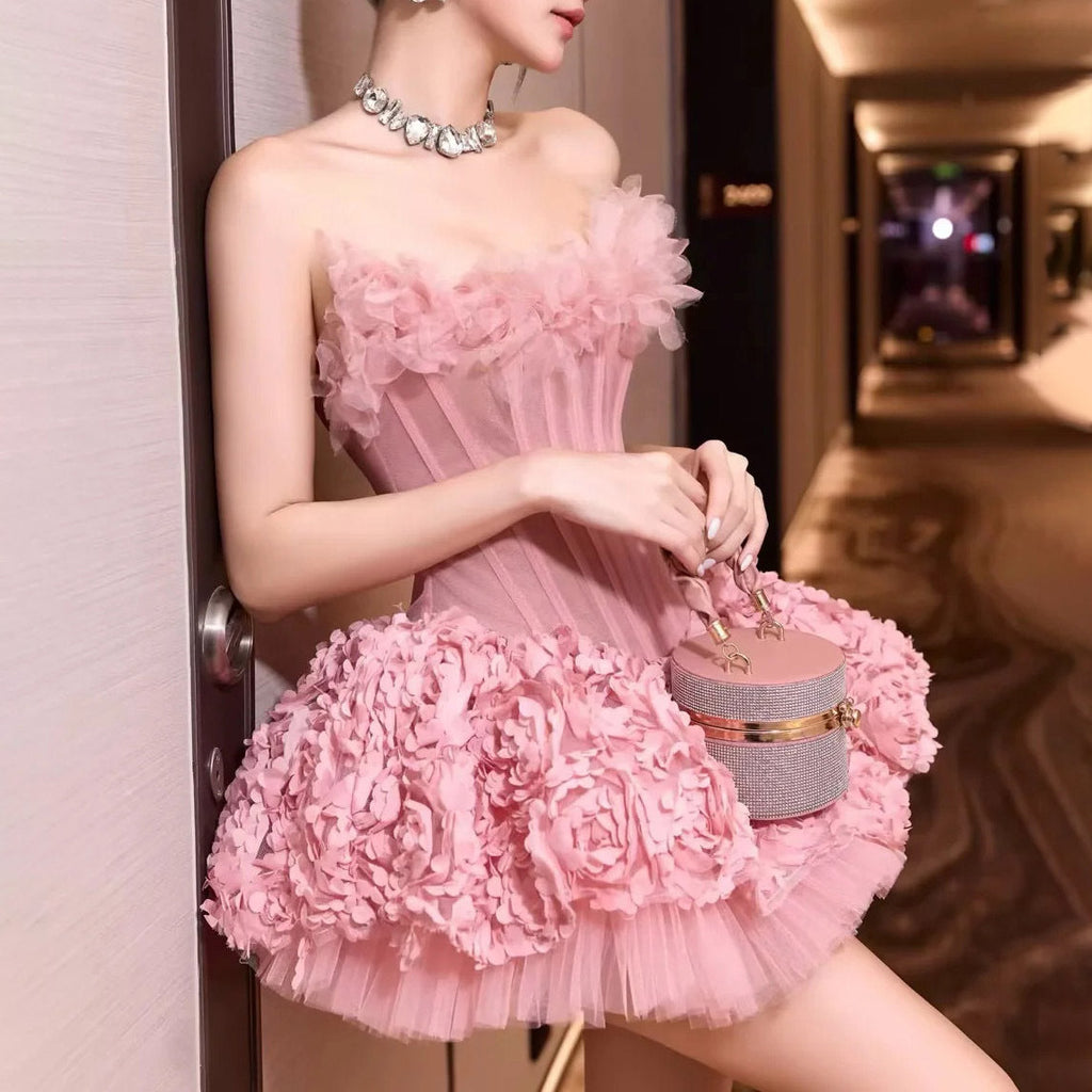 alberta 3d Flower Strapless Mini Dress in pink Avalabel