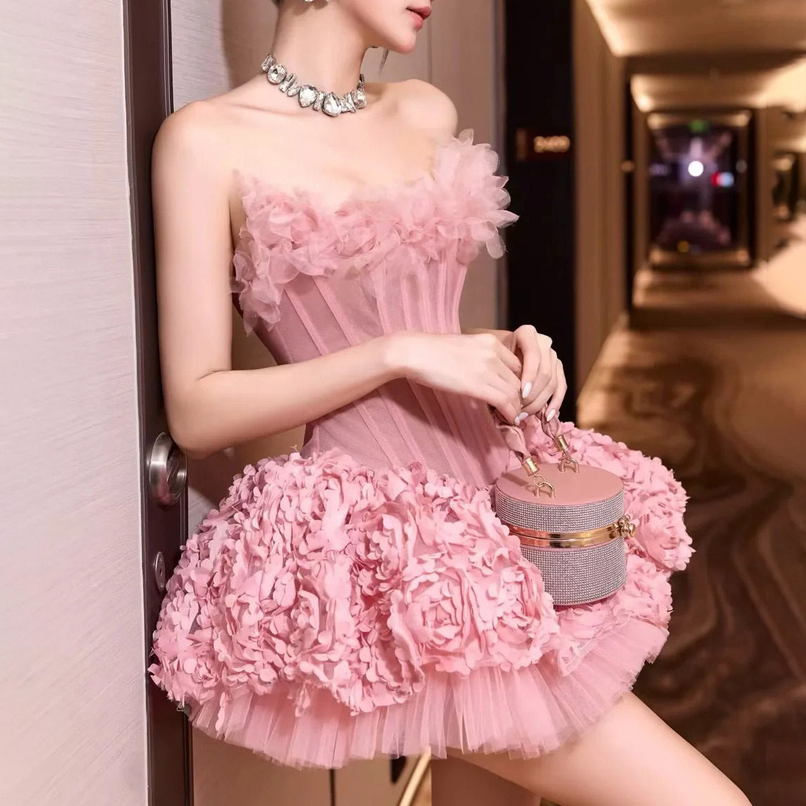 alberta 3d Flower Strapless Mini Dress in pink Avalabel