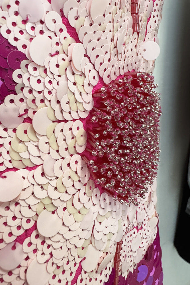 Sequin Flower Embellished Puff Sleeve Midi Dress in Pink Avalabel