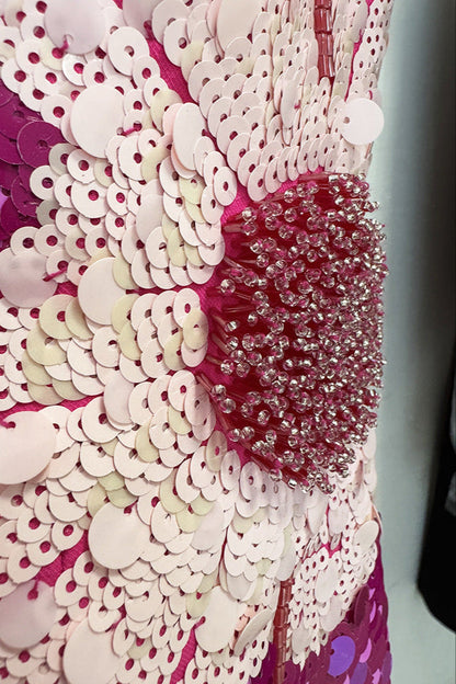 Sequin Flower Embellished Puff Sleeve Midi Dress in Pink