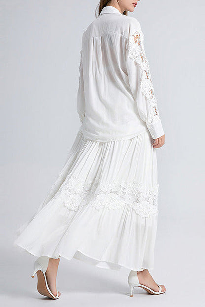Alexandra Splicing Flapped Lace Hollow Midi Dress in White