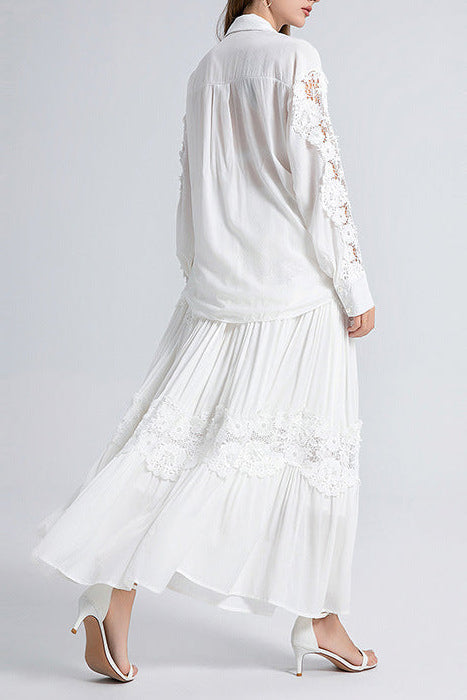 Alexandra Splicing Flapped Lace Hollow Midi Dress in White Avalabel