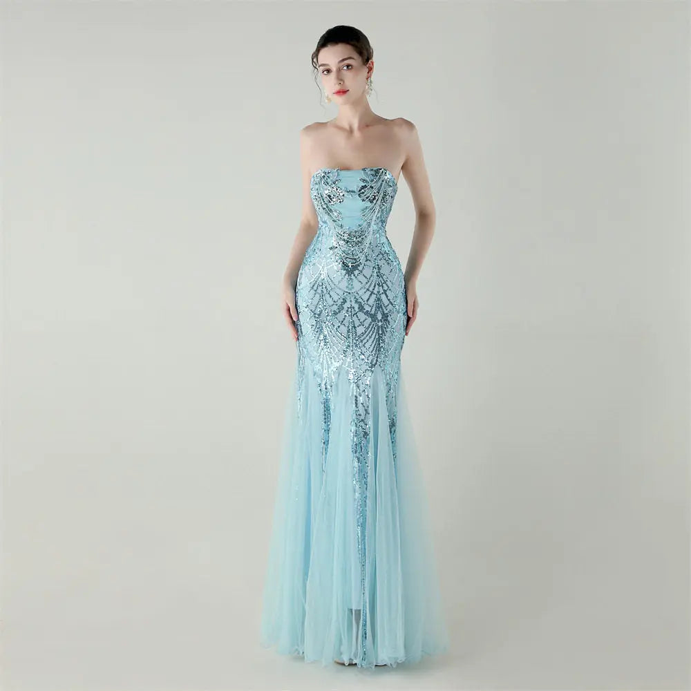 sequin strapless tulle maxi dress Avalabel
