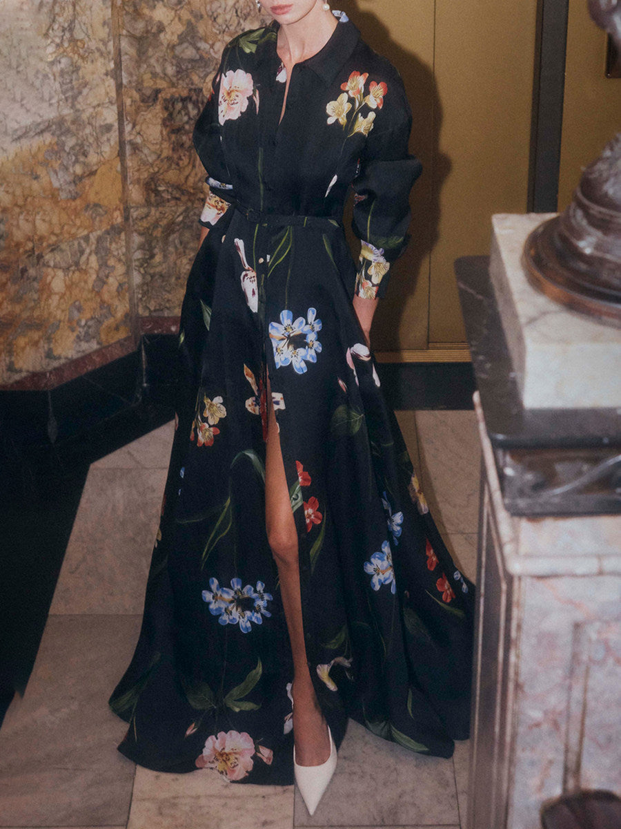 Black Floral Print Belted Shirt Maxi Dress with Slit Avalabel
