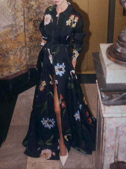 Black Floral Print Belted Shirt Maxi Dress with Slit