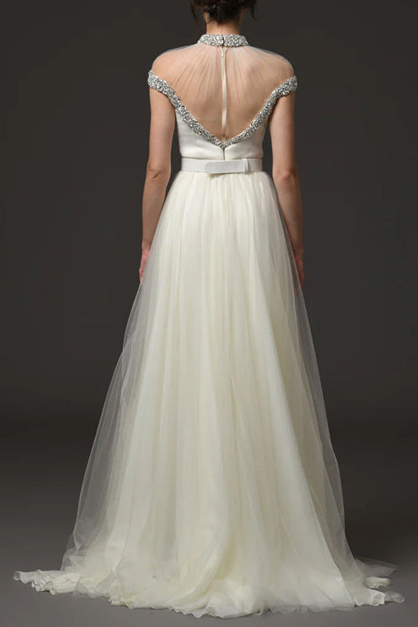 Mesh-Paneled Beaded Rhinestone-Embellished Maxi Dress - White Avalabel