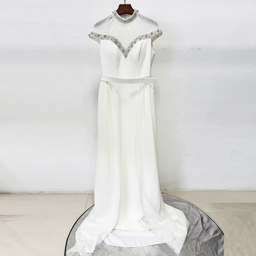 Mesh-Paneled Beaded Rhinestone-Embellished Maxi Dress - White Avalabel