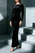 Lee Black long-Sleeve Backless Studded Fishtail Velvet Maxi Dress Avalabel