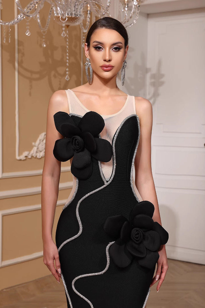 Diamond 3D Flower Sequin Bandage Maxi Dress in Black Avalabel