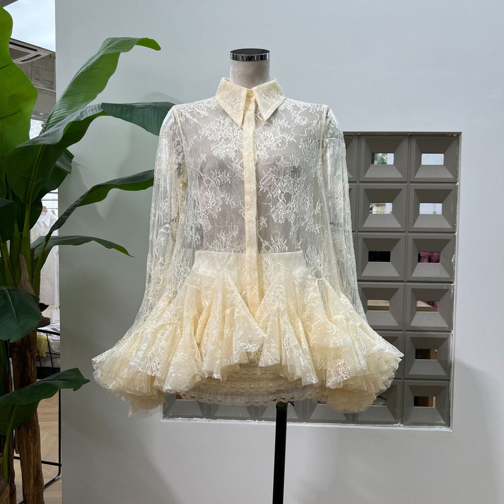 Apricot Mesh Lace Ruffled Trumpet Sleeve Shirt Dress Shorts Set Soraya