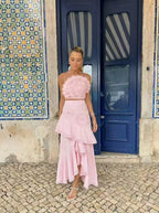 Nina Ruffled Strapless Top Floral Embroidered Mermaid Skirt Set - Pink Avalabel
