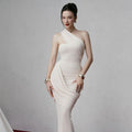 Janice Asymmetrical Off-Shoulder Ruffled Fishtail Maxi Dress - White Avalabel
