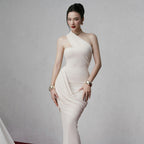 Janice Asymmetrical Off-Shoulder Ruffled Fishtail Maxi Dress - White Avalabel