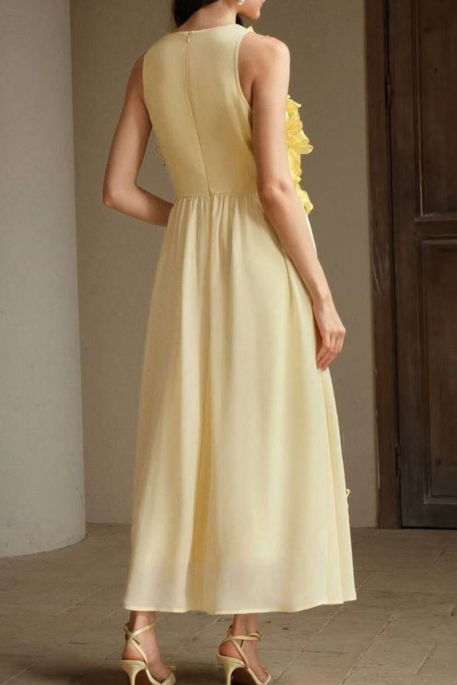3D Flower Embellished Sleeveless Maxi Dress in Yellow Avalabel