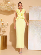 Cynthia 3D Flower V-Neck Sleeveless Bodycon Maxi Dress in Yellow Avalabel